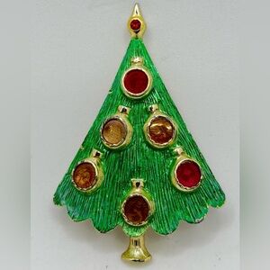 Vintage Signed B.J. Beatrix Christmas Tree GoldTone Red Green Enamel Brooch Pin